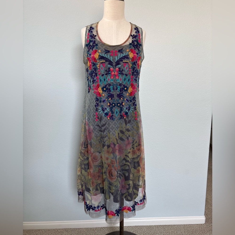 Johnny Was Multicolor Embroidered Midi Dress
